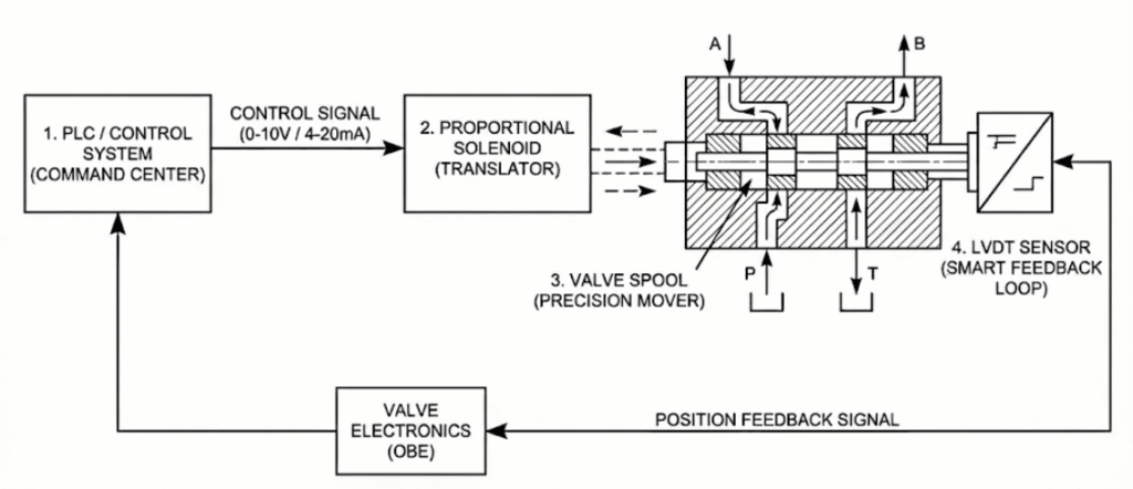 Proportional valve with LVDT closed‑loop feedback